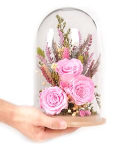 Handmade Cam Fanusta Butik Solmayan Pembe Gül Tasarımı