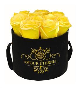 Orta Boy Siyah Kadife Yuvarlak Kutu Solmayan Güller- Sari